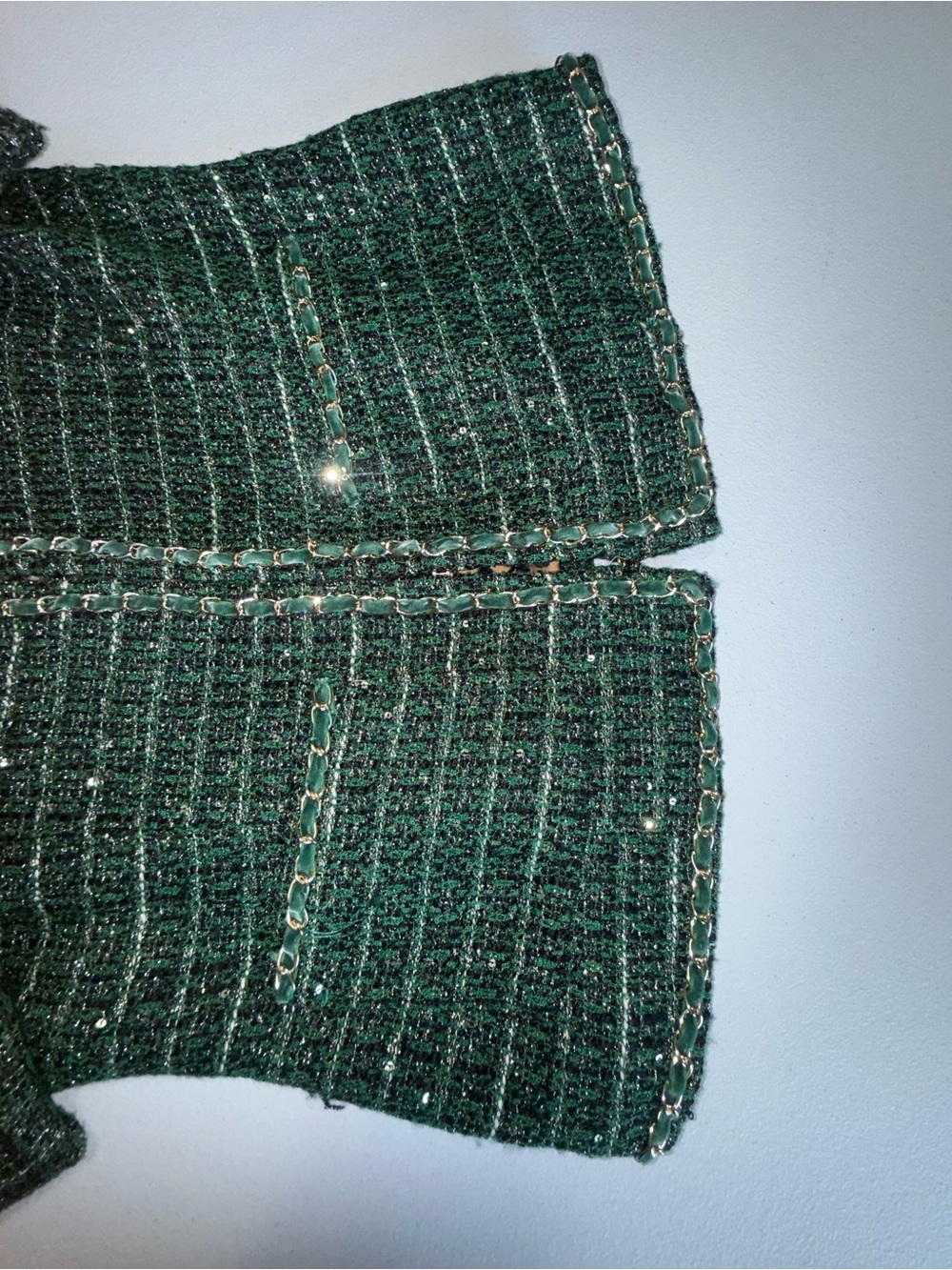 Boston Proper Size 10 Emerald Green Tweed Chain Detail Sequin Jacket Blazer - Picture 12 of 15